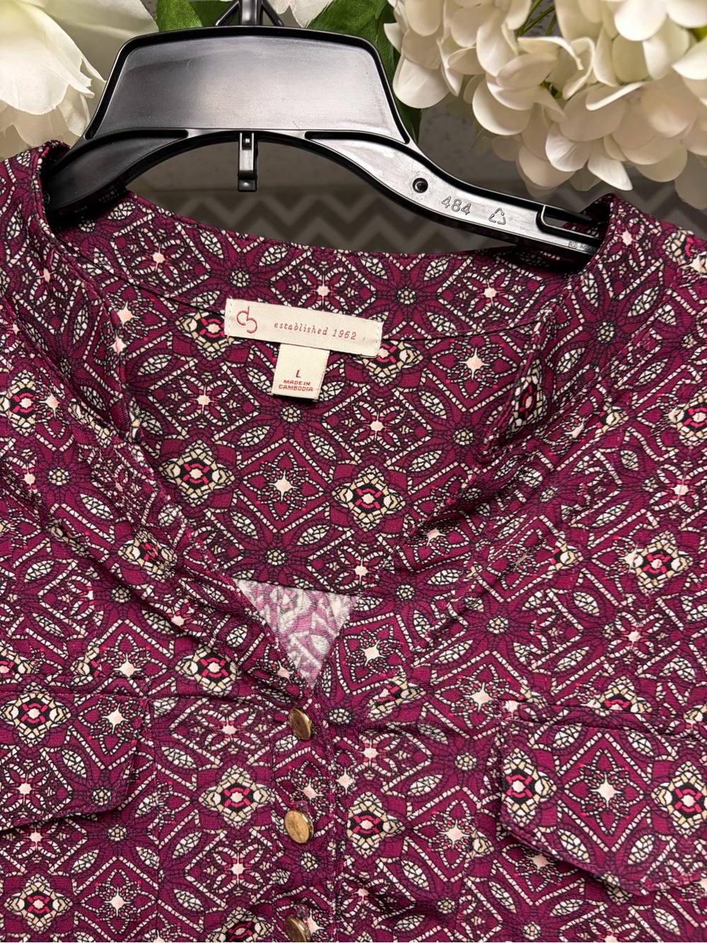 Dressbarn Women’s Printed Button-Front Blouse - Plum - Picture 2 of 4